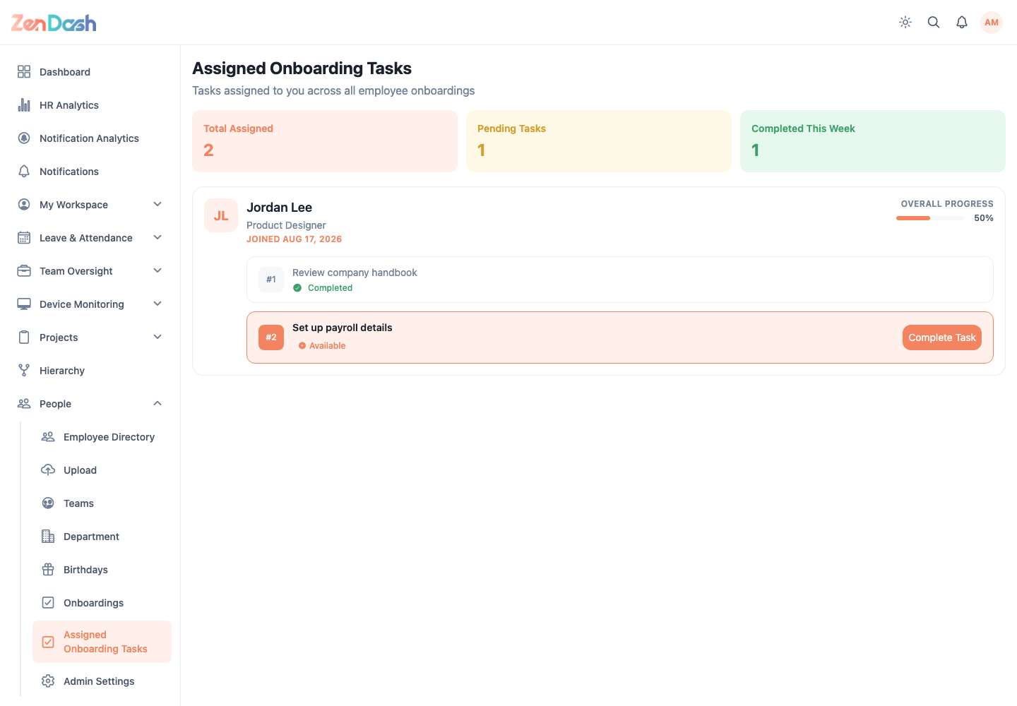 ZenDash HRM Assigned Onboarding Tasks at a desktop viewport