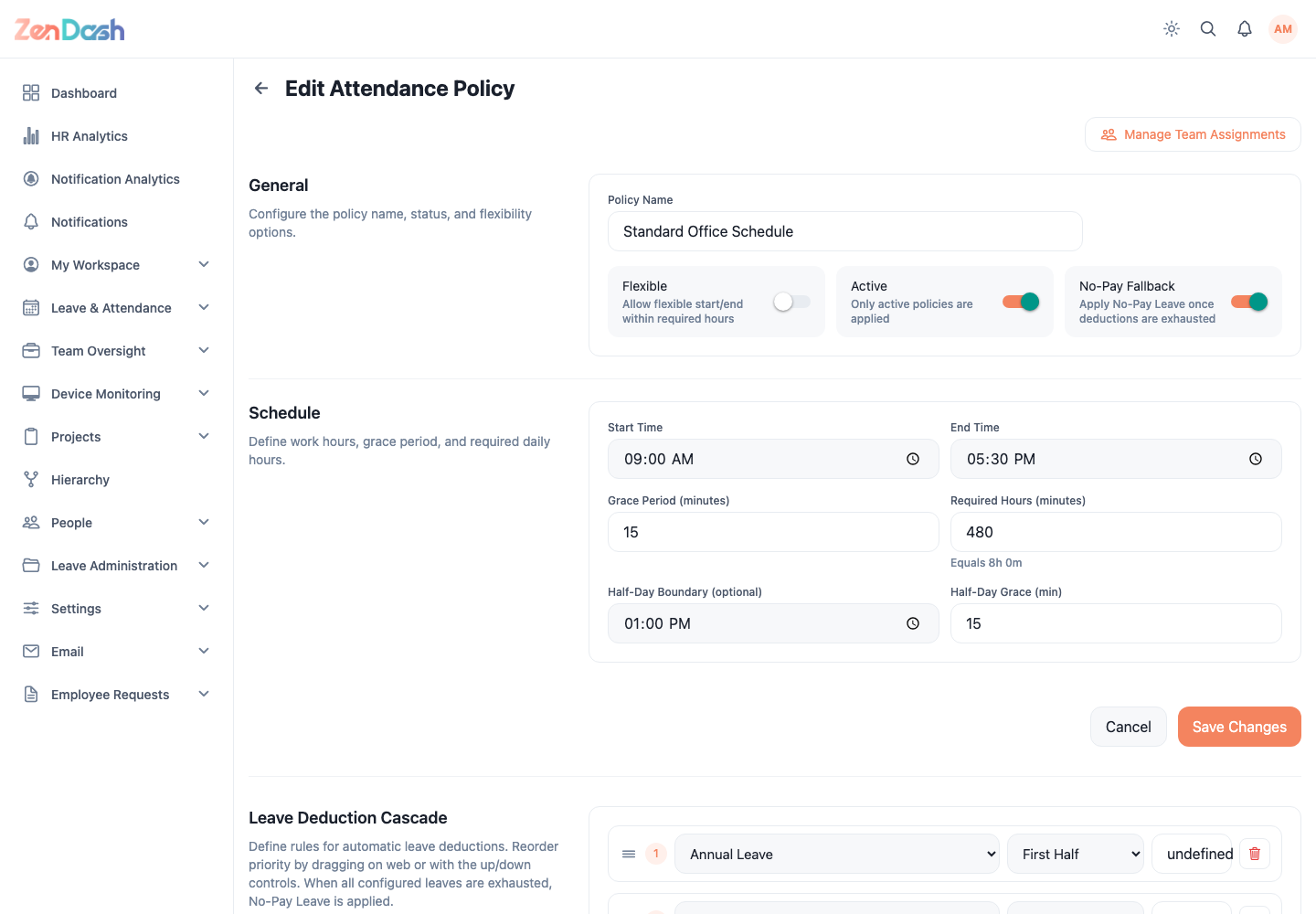 ZenDash HRM Attendance Policy Form at a desktop viewport