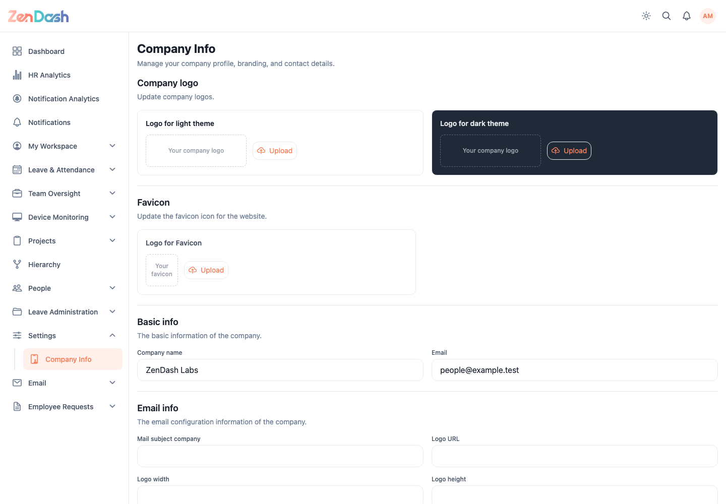 ZenDash HRM Company Info Edit at a desktop viewport