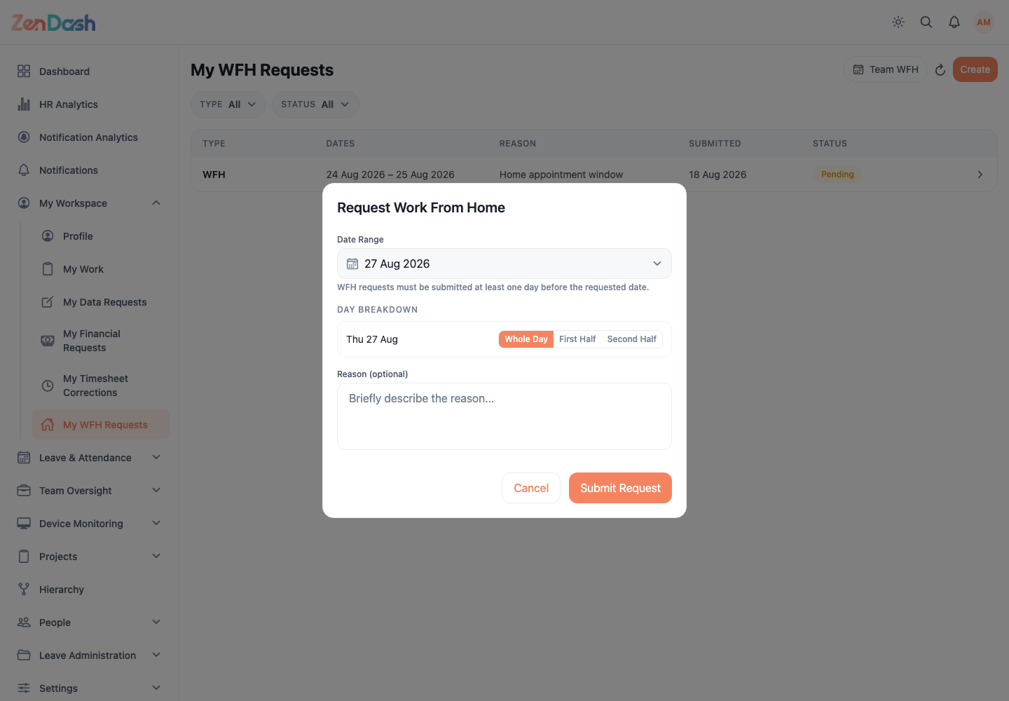 ZenDash HRM Create WFH Request at a desktop viewport