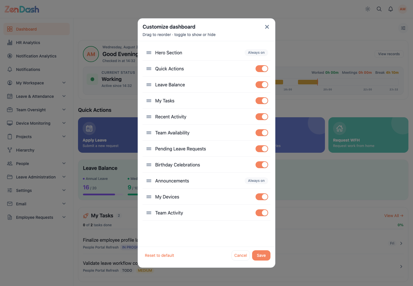 ZenDash HRM Customize Dashboard at a desktop viewport