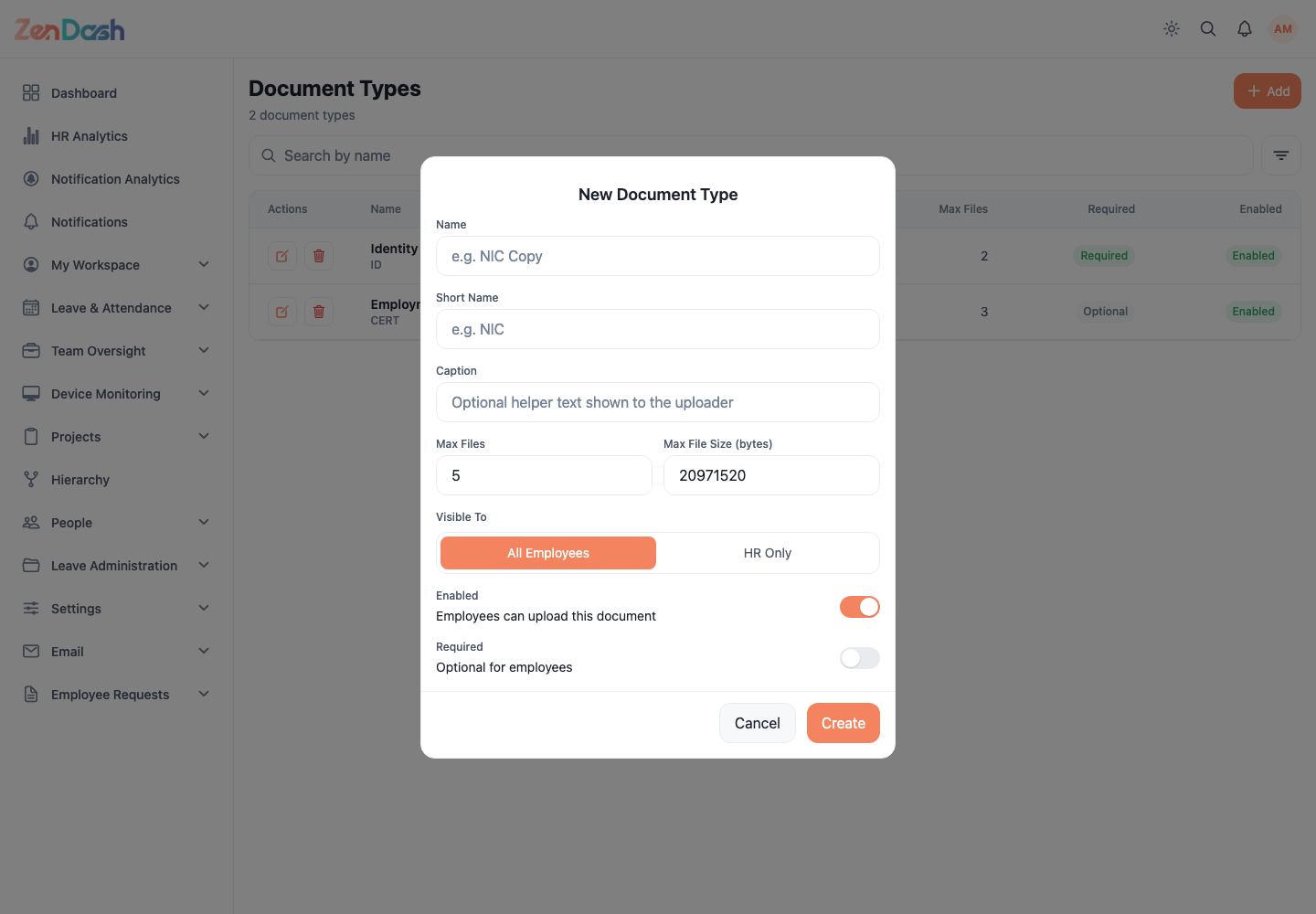 ZenDash HRM Document Types at a desktop viewport