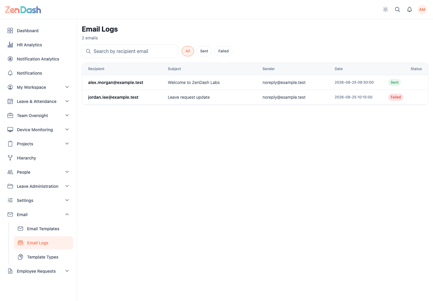 ZenDash HRM Email Logs at a desktop viewport