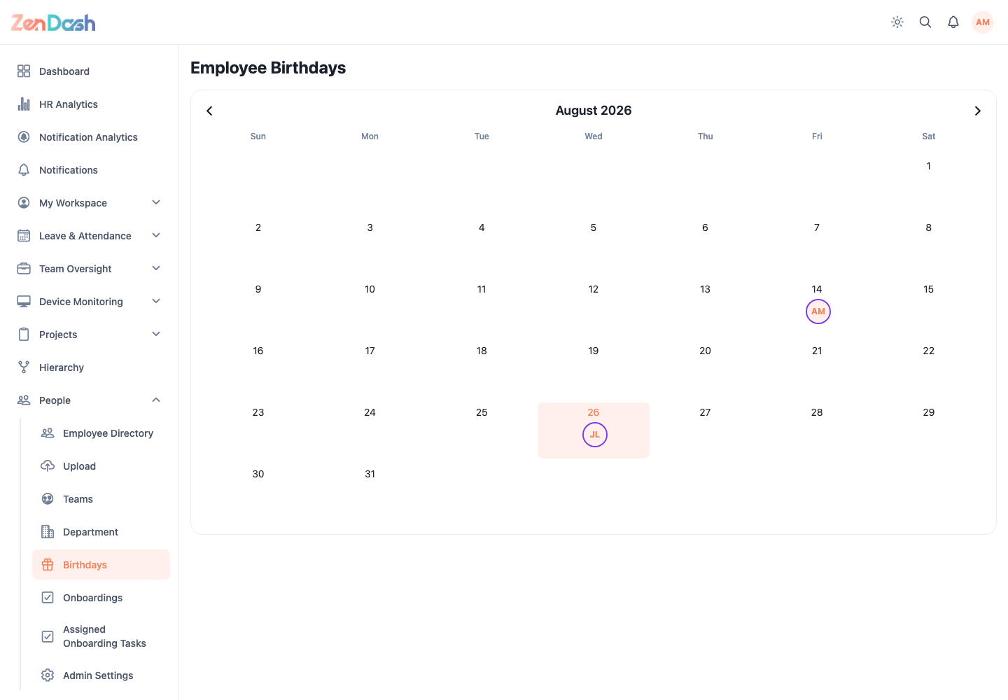 ZenDash HRM Employee Birthdays at a desktop viewport