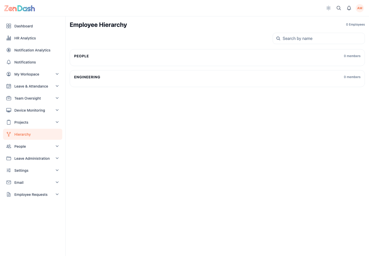 ZenDash HRM Employee Hierarchy at a desktop viewport