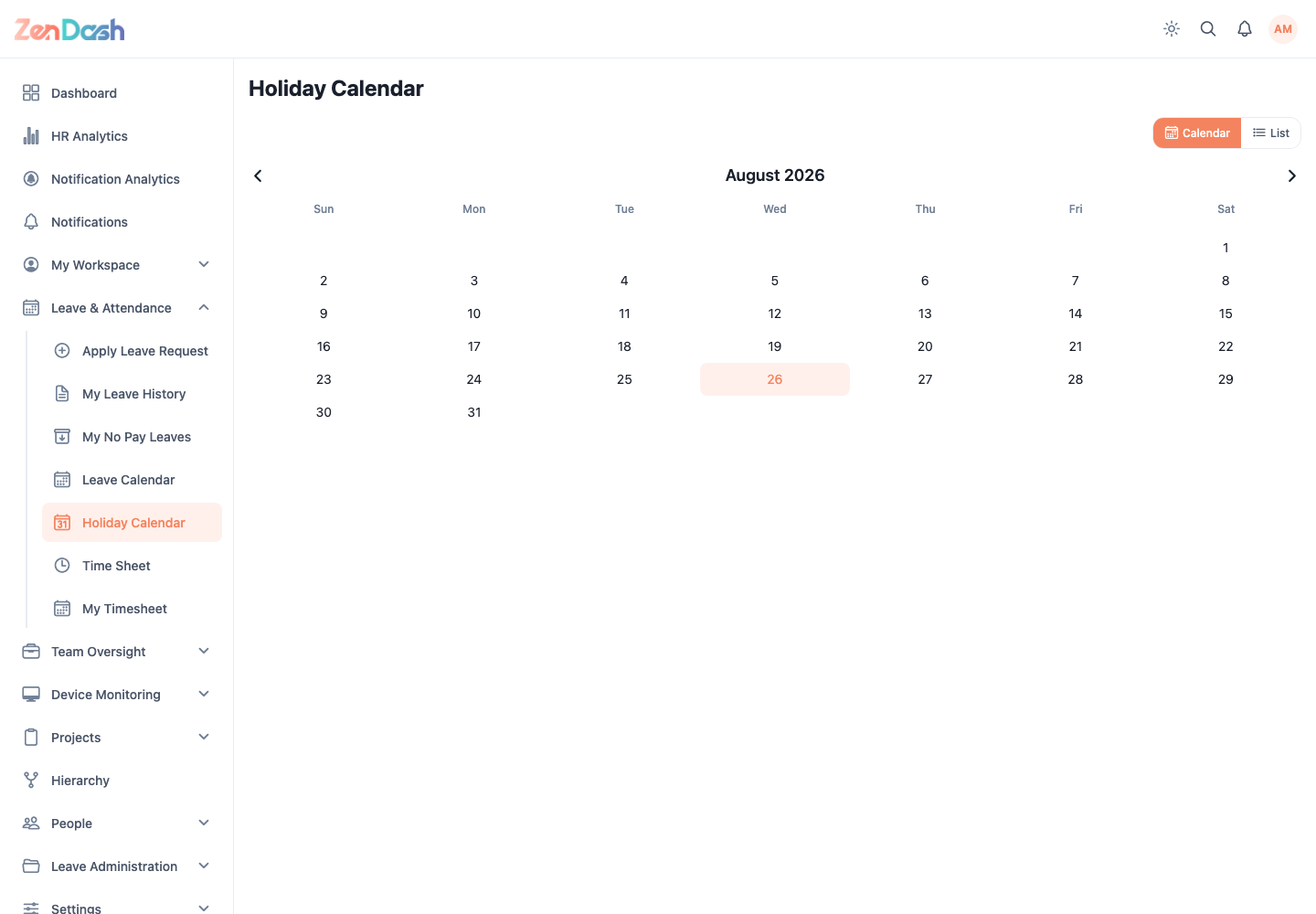 ZenDash HRM Holiday Calendar at a desktop viewport