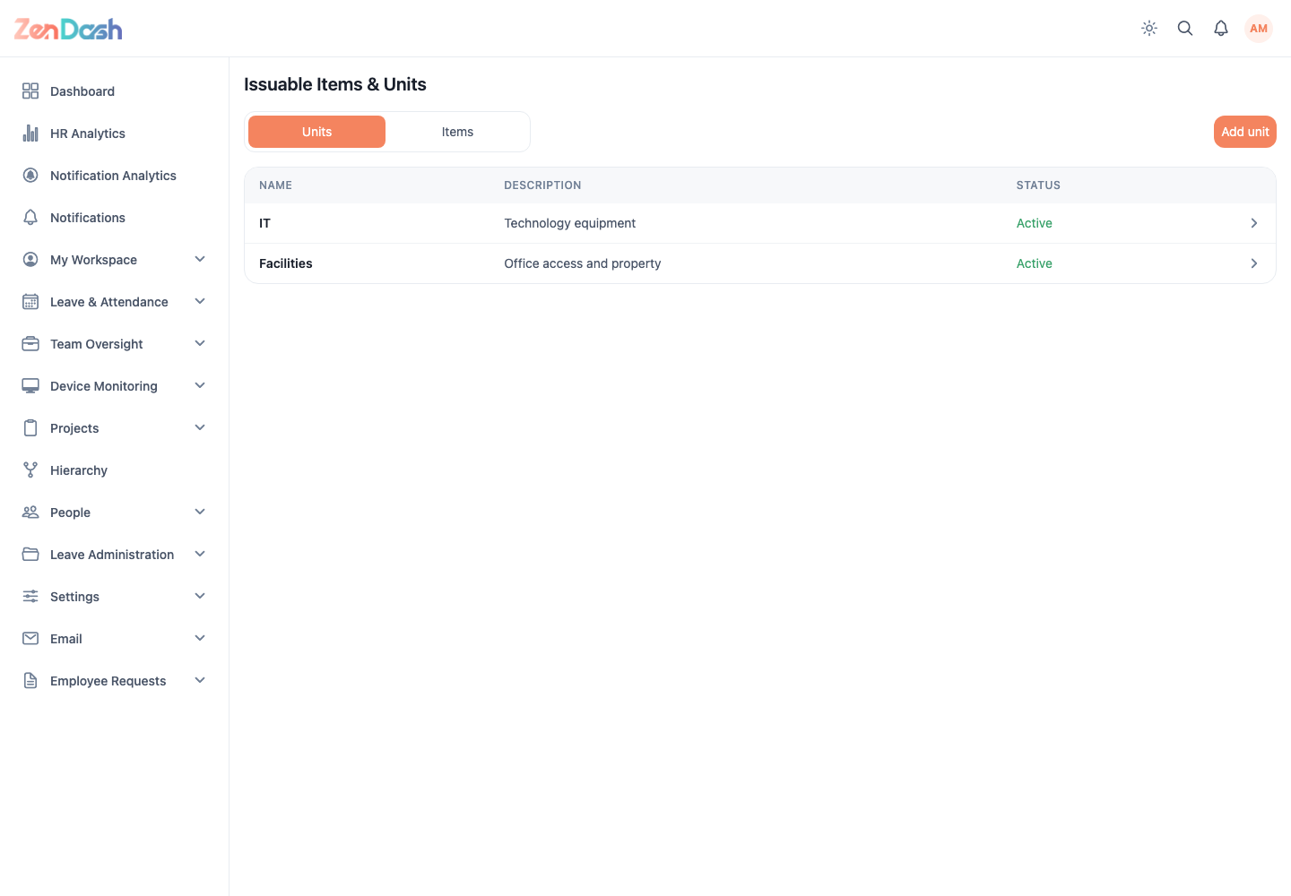 ZenDash HRM Issuable Items at a desktop viewport