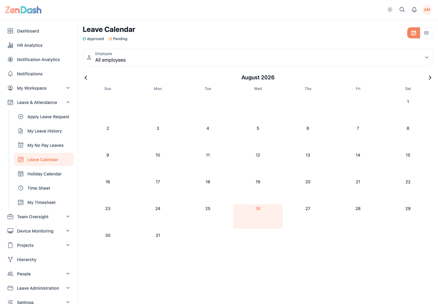 ZenDash HRM Leave Calendar at a desktop viewport