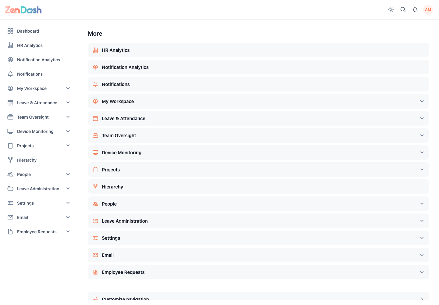 ZenDash HRM Mobile App Shell at a desktop viewport