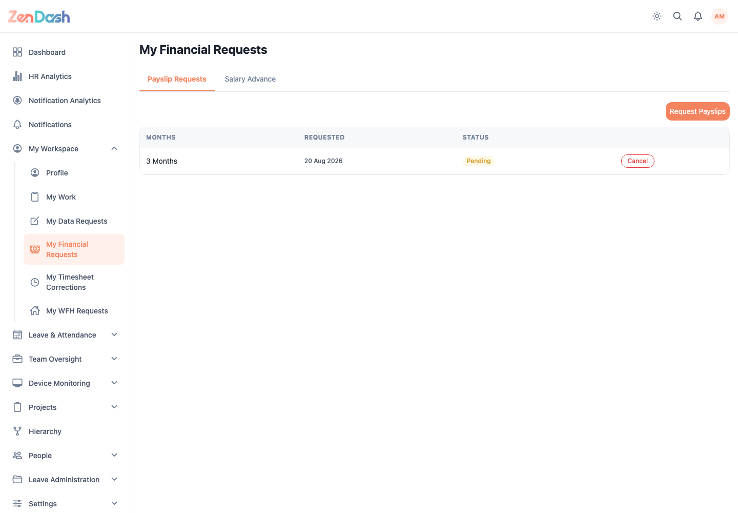 ZenDash HRM My Financial Requests at a desktop viewport