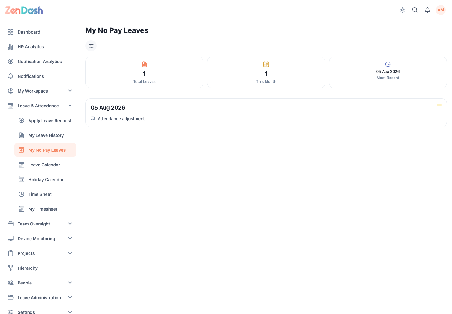 ZenDash HRM My No Pay Leaves at a desktop viewport