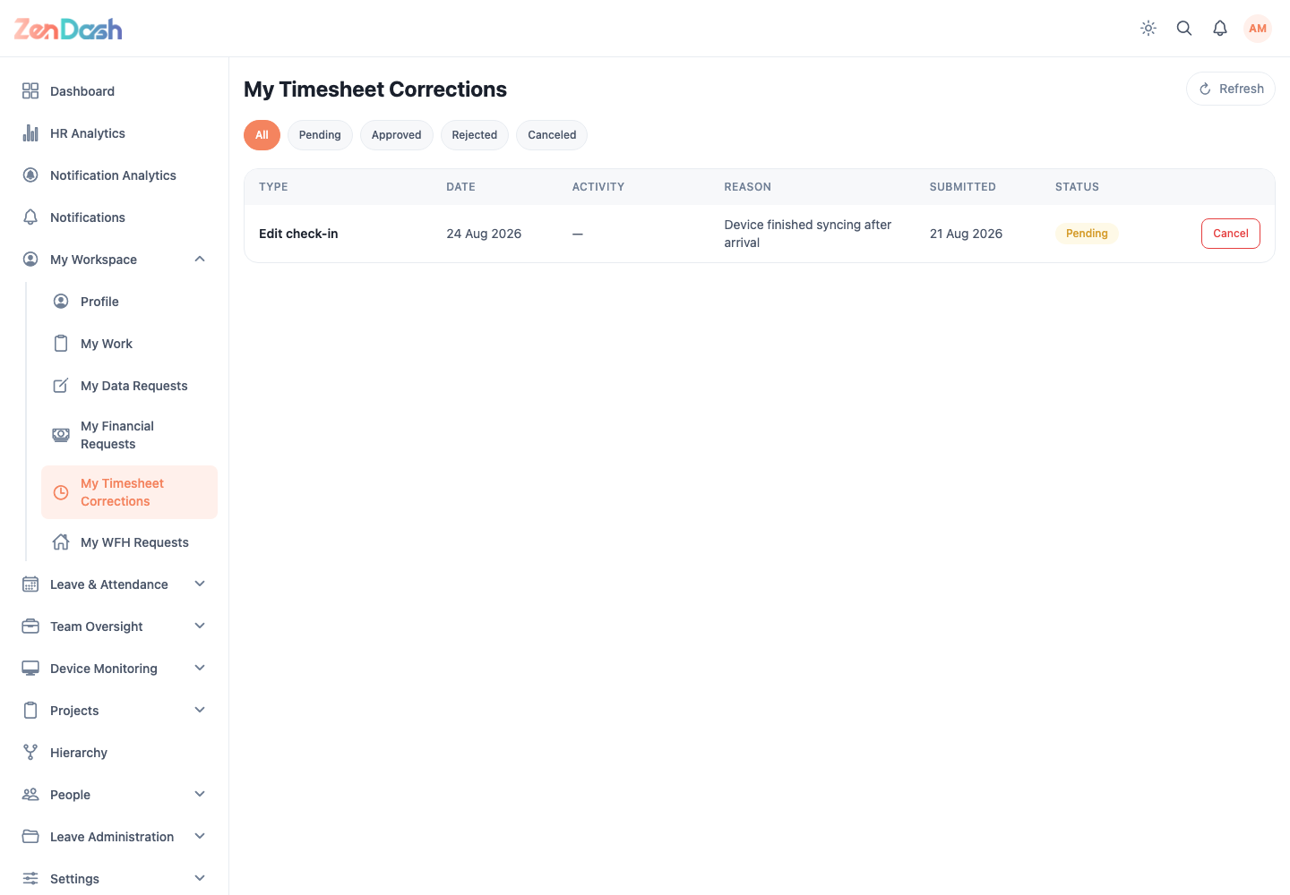 ZenDash HRM My Timesheet Corrections at a desktop viewport