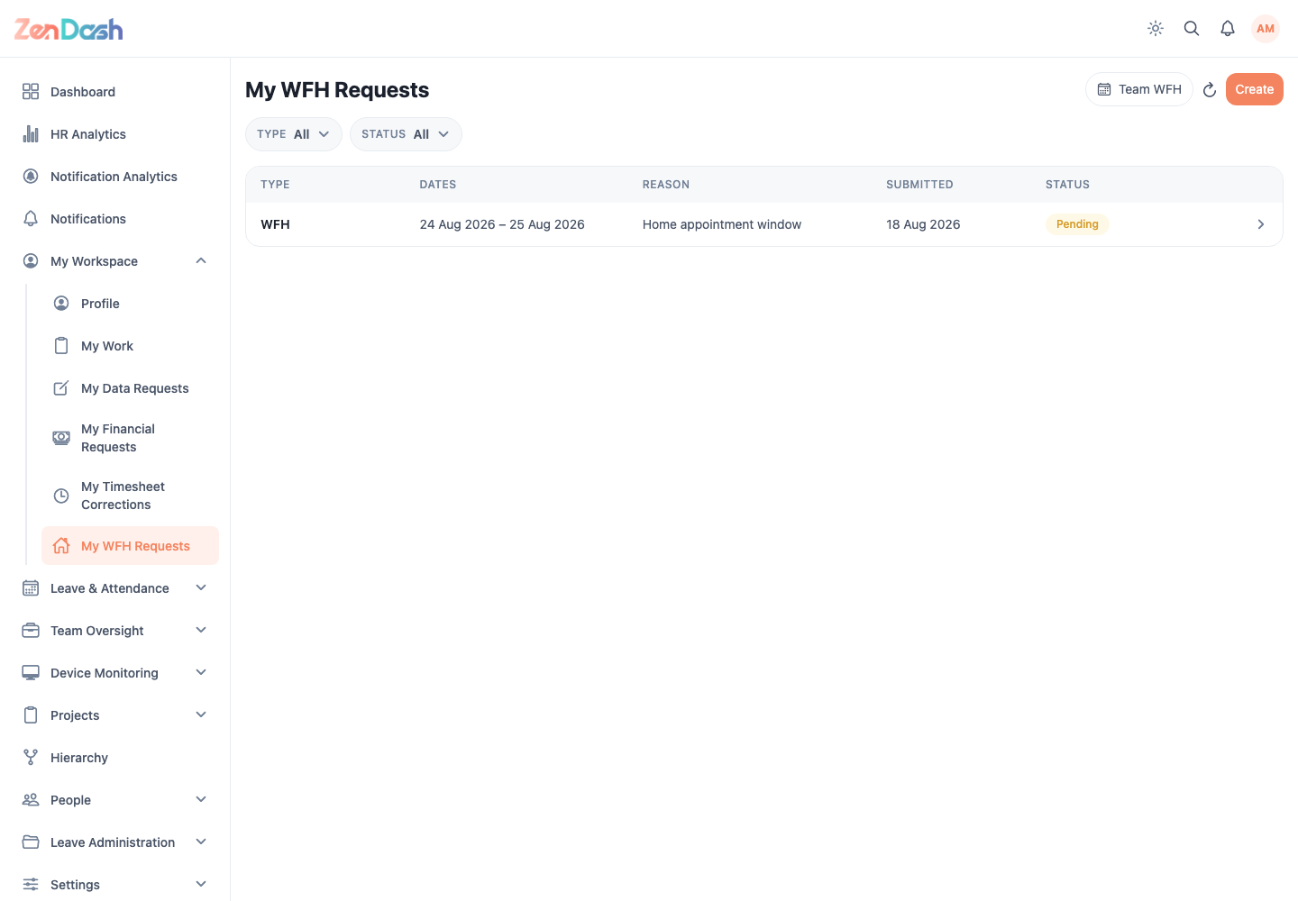 ZenDash HRM My WFH Requests at a desktop viewport