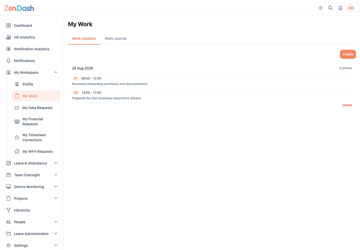 ZenDash HRM My Work at a desktop viewport