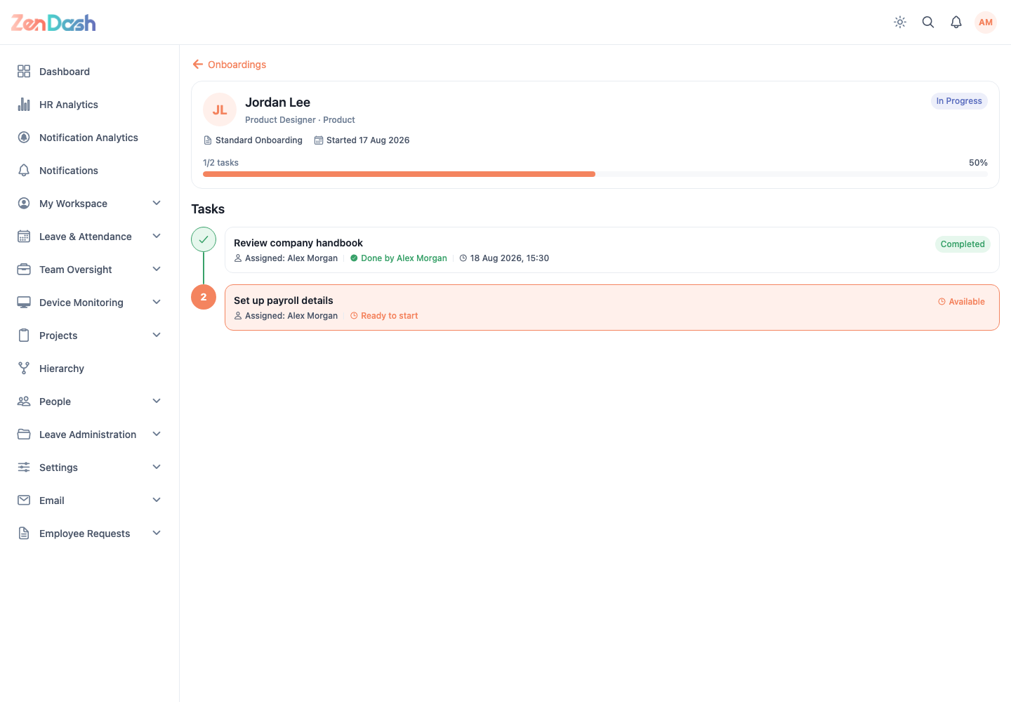 ZenDash HRM Onboarding Detail at a desktop viewport