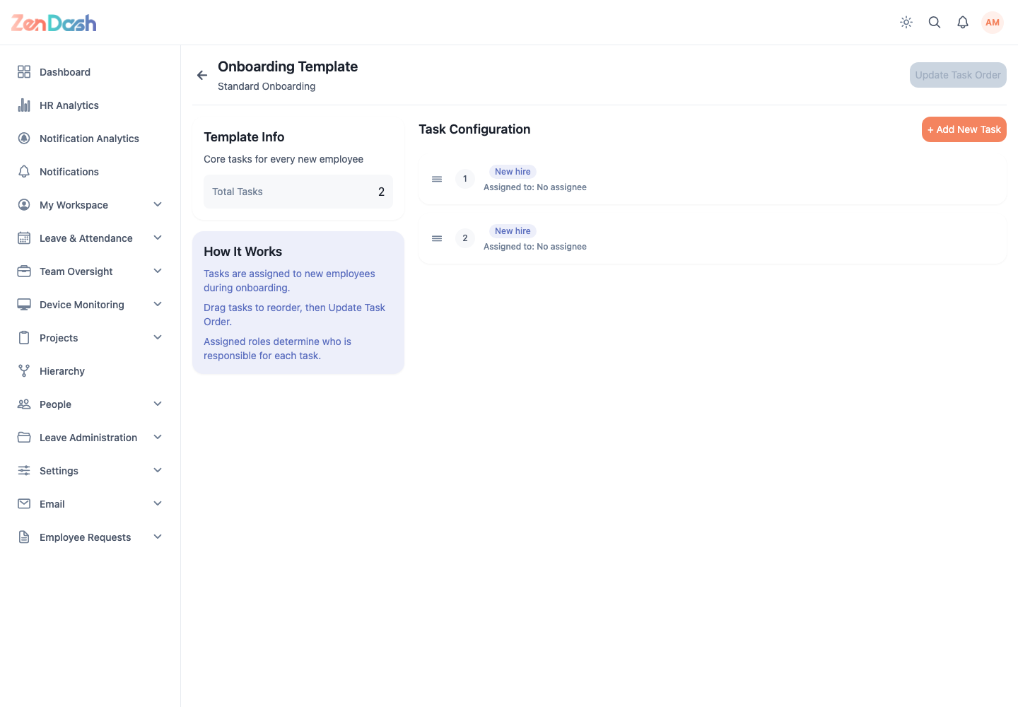 ZenDash HRM Onboarding Template at a desktop viewport
