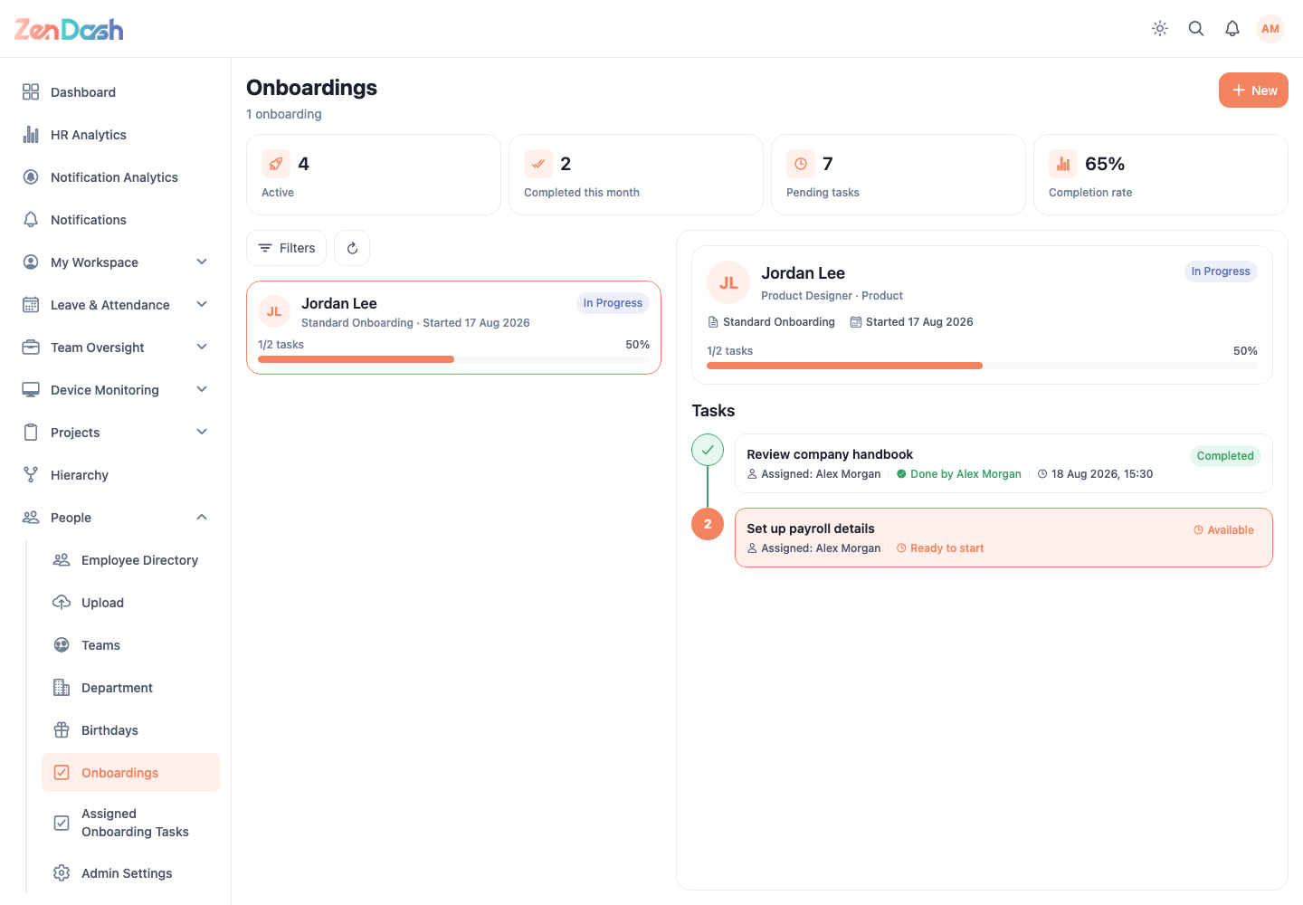ZenDash HRM Onboardings Dashboard at a desktop viewport