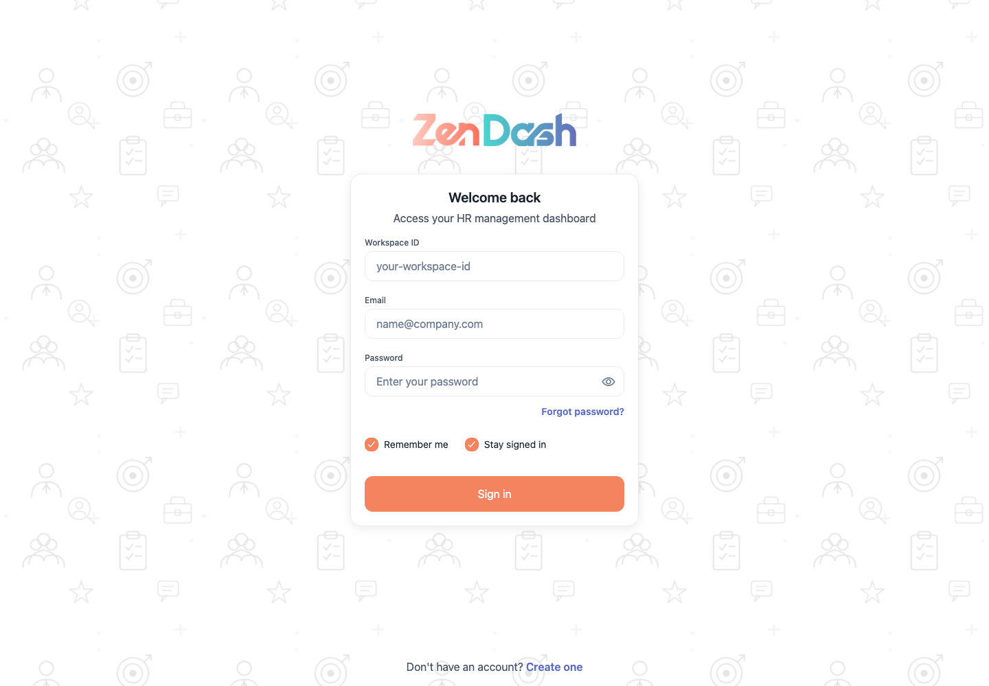 ZenDash HRM Sign In at a desktop viewport