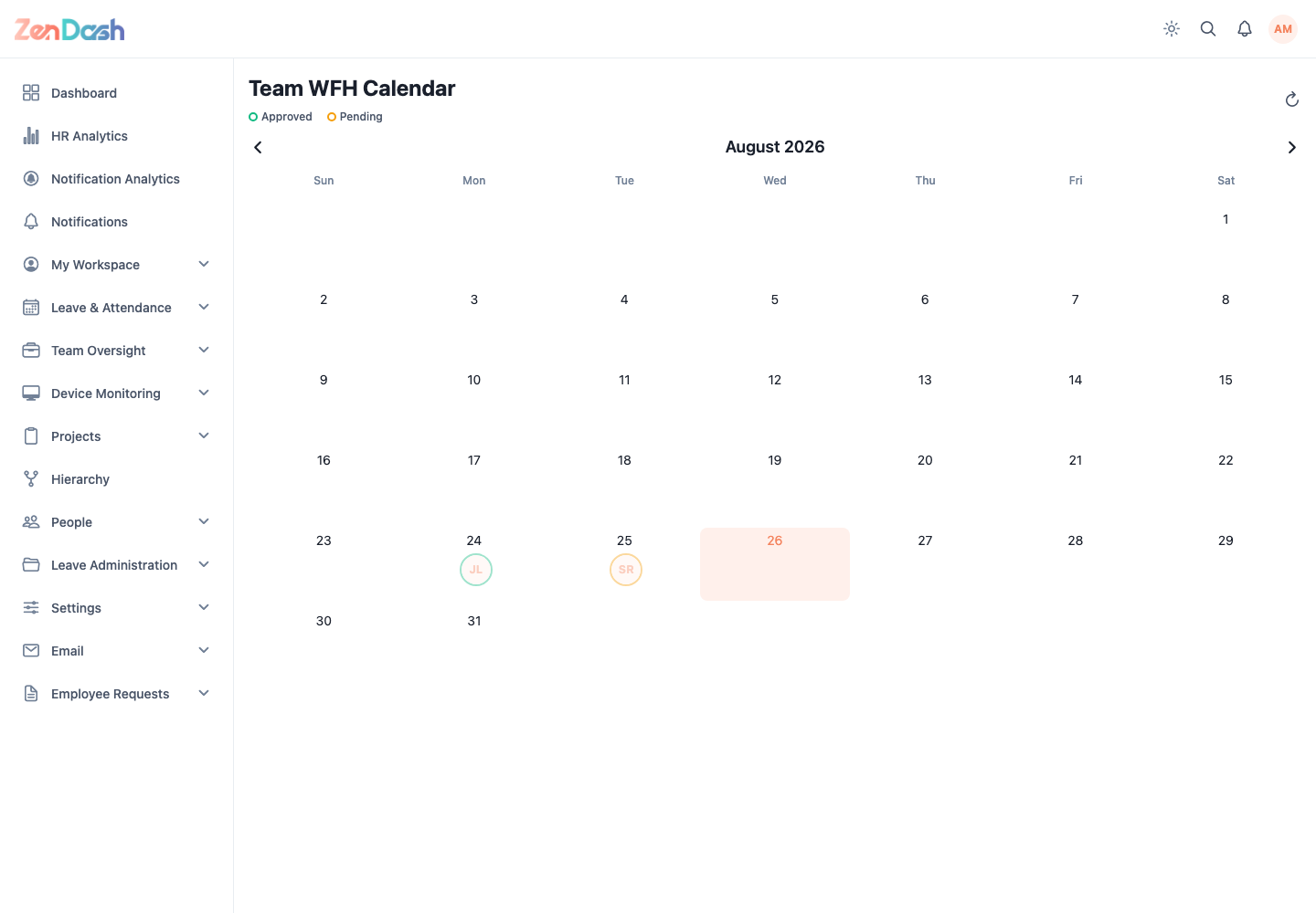 ZenDash HRM Team WFH Calendar at a desktop viewport