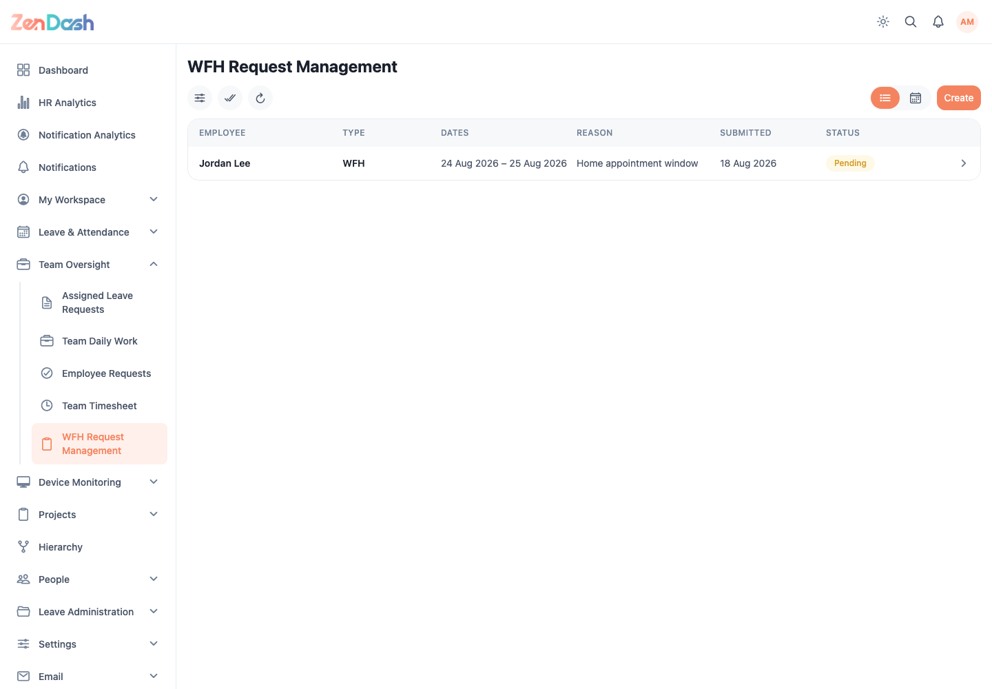 ZenDash HRM WFH Request Management at a desktop viewport